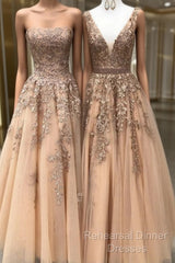 Long Champagne Semi Formal Prom Dress Sexy V Neck Strapless A Line Appliques Formal Party Dresses