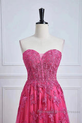 Long Fuchsia Semi Formal Prom Dresses Strapless A-Line Floral Formal Wear Slit