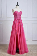 Long Fuchsia Semi Formal Prom Dresses Strapless A-Line Floral Formal Wear Slit