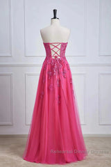 Long Fuchsia Semi Formal Prom Dresses Strapless A-Line Floral Formal Wear Slit