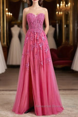 Long Fuchsia Semi Formal Prom Dresses Strapless A-Line Floral Formal Wear Slit