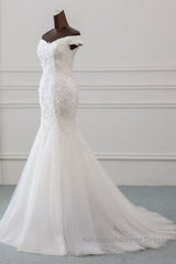 Long Mermaid Off Shoulder Lace-up Applique Lace Wedding Dresses