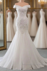 Long Mermaid Off Shoulder Lace-up Applique Lace Wedding Dresses