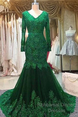 Long Mermaid Sequin Beaded Green Semi Formal Prom Dresses With Sleeves Lace Evening Dress