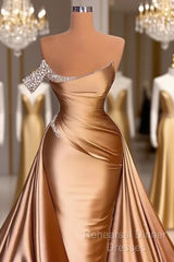 Long One Shoulder Semi Formal Prom Dresses Beaded Mermaid Pageants Gowns With Court Train