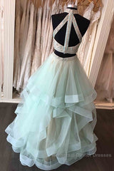 Long Open Back Mint Two Piece High Neck Organza Semi Formal Prom Dress