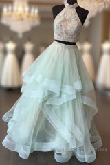 Long Open Back Mint Two Piece High Neck Organza Semi Formal Prom Dress
