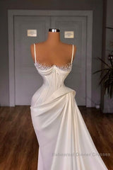 Long Pleated Satin Evening Dresses White Mermaid Semi Formal Prom Dress