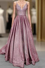Long Semi Formal Prom Dresses Glitter V Neck With Pockets