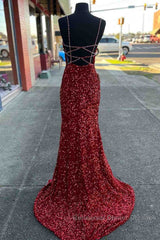 Long Semi Formal Prom Dresses Red Sequins Beaded Mermaid Evening Dress Straps