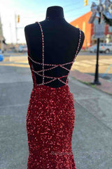 Long Semi Formal Prom Dresses Red Sequins Beaded Mermaid Evening Dress Straps