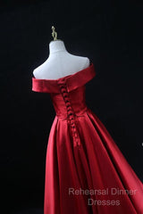 Long Red Satin Semi Formal Prom Dresses  Off The Shoulder Evening Gowns