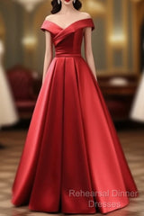Long Red Satin Semi Formal Prom Dresses  Off The Shoulder Evening Gowns