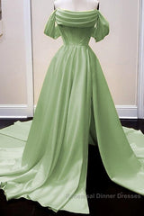 Long Satin Corset Semi Formal Prom Dresses Off The Shoulder Side Split