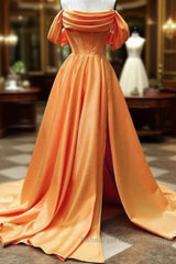 Long Satin Corset Semi Formal Prom Dresses Off The Shoulder Side Split