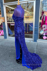 Long Sequin Semi Formal Prom Dress Royal Blue Formal Dresses One-Shoulder