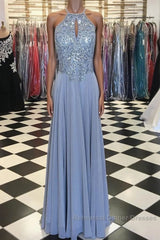 Long Silver Chiffon Semi Formal Prom Dresses Halter Evening Gowns New Arrival