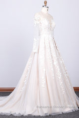 Long Sleeve Appliques Lace Tulle A-line Wedding Dresses