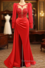 Long Sleeve Mermaid Applqiue Dress With Slit