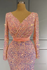 Long Sleeve Pink Mermaid Sequin Semi Formal Prom Dresses