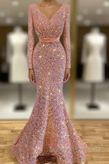 Long Sleeve Pink Mermaid Sequin Semi Formal Prom Dresses