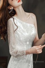 Long Sleeve Sequin Champagne Semi Formal Prom Dress