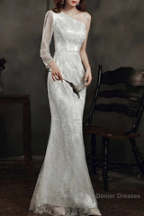 Long Sleeve Sequin Champagne Semi Formal Prom Dress