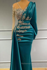 Long Sleeve Sheer Beading Ruched Satin Green Trumpet Mermaid Semi Formal Prom Dress