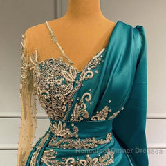 Long Sleeve Sheer Beading Ruched Satin Green Trumpet Mermaid Semi Formal Prom Dress