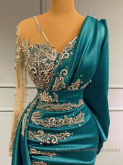 Long Sleeve Sheer Beading Ruched Satin Green Trumpet Mermaid Semi Formal Prom Dress
