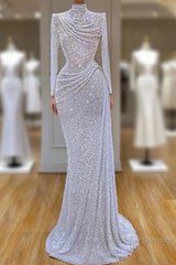 Long Sleeve White Sequin Pleated Long Semi Formal Prom Dress