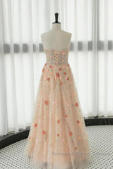 Long Sleeves Champagne Lace Floral Long Semi Formal Prom Dresses, Long Sleeves Champagne Lace Floral Formal Evening Dresses