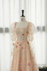Long Sleeves Champagne Lace Floral Long Semi Formal Prom Dresses, Long Sleeves Champagne Lace Floral Formal Evening Dresses