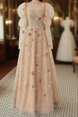 Long Sleeves Champagne Lace Floral Long Semi Formal Prom Dresses, Long Sleeves Champagne Lace Floral Formal Evening Dresses