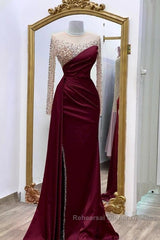 Long Sleeves Semi Formal Prom Dresses Mermaid Satin Split
