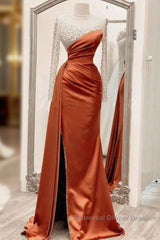 Long Sleeves Semi Formal Prom Dresses Mermaid Satin Split