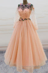 Long Sleeves Semi Formal Prom Dresses Princess Tulle Beaded