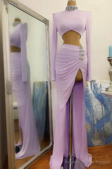 Long Sleeves Small Round Collar Prom Dress Mini Purple Beaded Long Chiffon