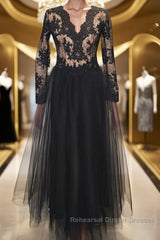 Long Sleeves V Neck Black Lace Long Semi Formal Prom Dresses, Long Sleeves Black Formal Dresses, Black Lace Evening Dresses