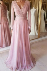 Long Sleeves V Neck Pink Chiffon Long Semi Formal Prom Dresses, Long Sleeves Pink Bridesmaid Dresses, Pink Formal Evening Dresses