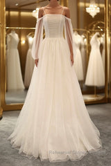 Long Sleeves White Tulle Semi Formal Prom Dresses Wedding Dresses, Long Sleeves White Tulle Formal Evening Dresses