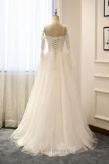 Long Sleeves White Tulle Semi Formal Prom Dresses Wedding Dresses, Long Sleeves White Tulle Formal Evening Dresses