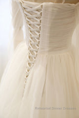 Long Sleeves White Tulle Semi Formal Prom Dresses Wedding Dresses, Long Sleeves White Tulle Formal Evening Dresses