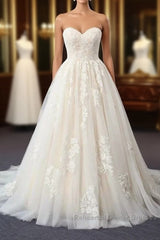 Long Sweetheart Backless Appliques Lace Tulle A-Line Wedding Dresses