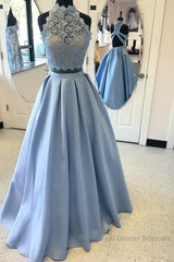 Long Two Piece Semi Formal Prom Dress Lace High Neck Open Back