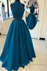 Long Two Piece Semi Formal Prom Dress Lace High Neck Open Back