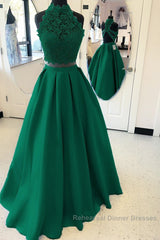 Long Two Piece Semi Formal Prom Dress Lace High Neck Open Back