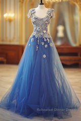 Long Unique Lace Applique Tulle Blue Semi Formal Prom Dress