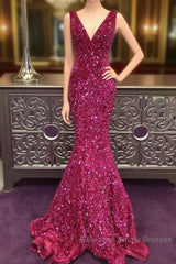 Long V Neck Fuchsia Semi Formal Prom Dress Sequin Mermaid Formal Graduation Dresses