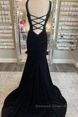 Long Velvet Black Semi Formal Prom Dresses Straps Crystals V Neck Formal Dress Gowns
